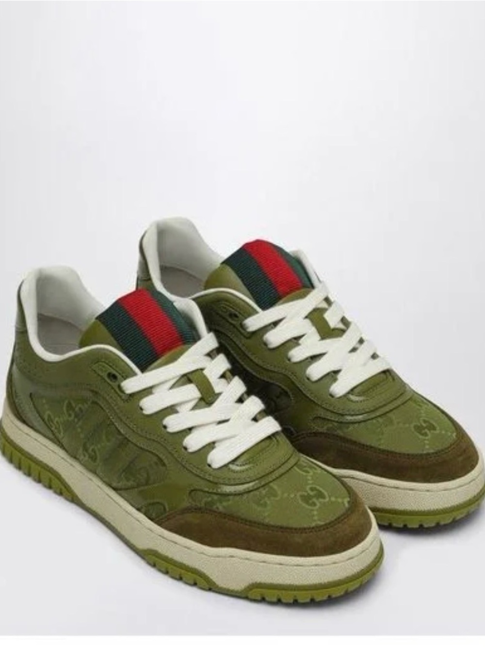 Gucci Olive Green Low-Top Sneakers with Red and Black Web
